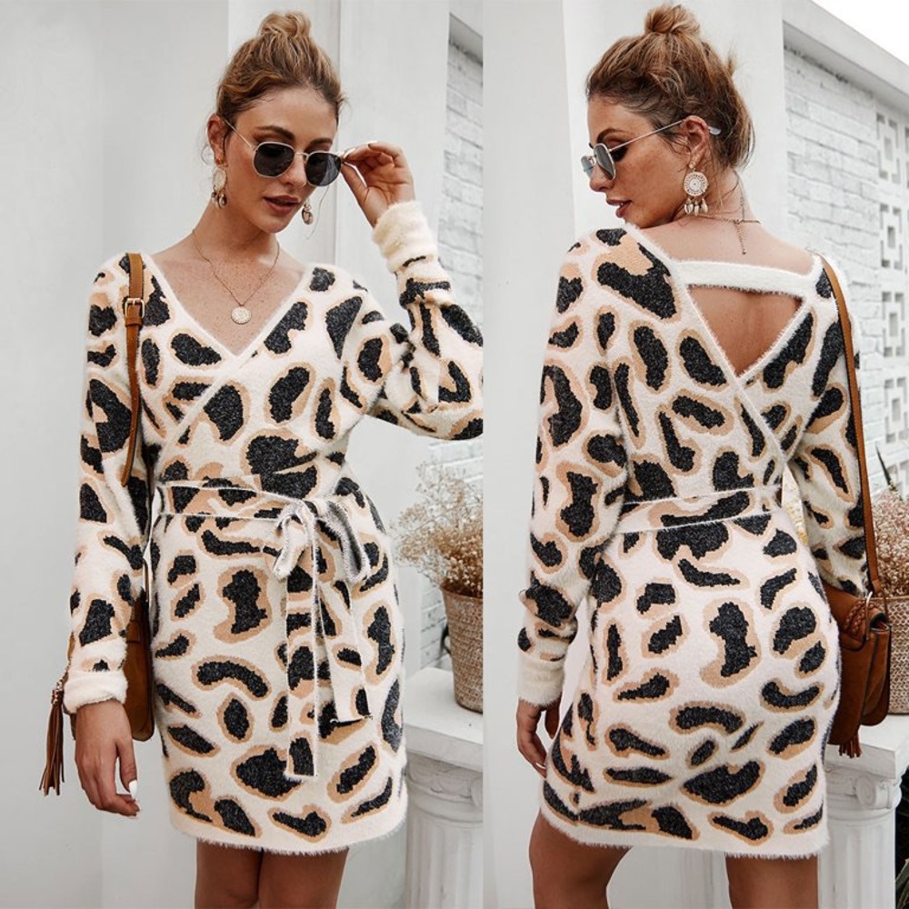 Women Long Sleeve  V Neck Mini Sweater Dress Leopard Printed Tie Waist